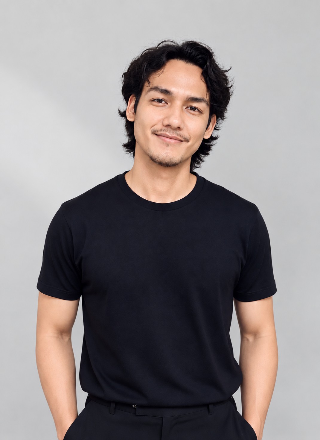 Gregory Axton smiling, wearing a black t-shirt against a light grey background.