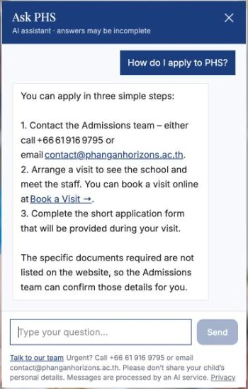 Ask PHS answering “How do I apply to PHS?” with steps: contact the admissions team, arrange a visit, complete the application form; and a note that required documents are not listed on the website so the admissions team can confirm them.