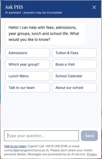 Ask PHS chat panel: AI assistant, answers may be incomplete. Quick topics: admissions, tuition and fees, which year group, book a visit, lunch menu, school calendar, talk to our team, about our school. Footer with urgent contact details and a privacy note.