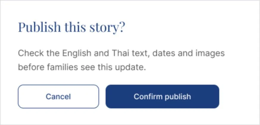 Dialog: Publish this story? Check the English and Thai text, dates and images before families see this update. Cancel or Confirm publish.