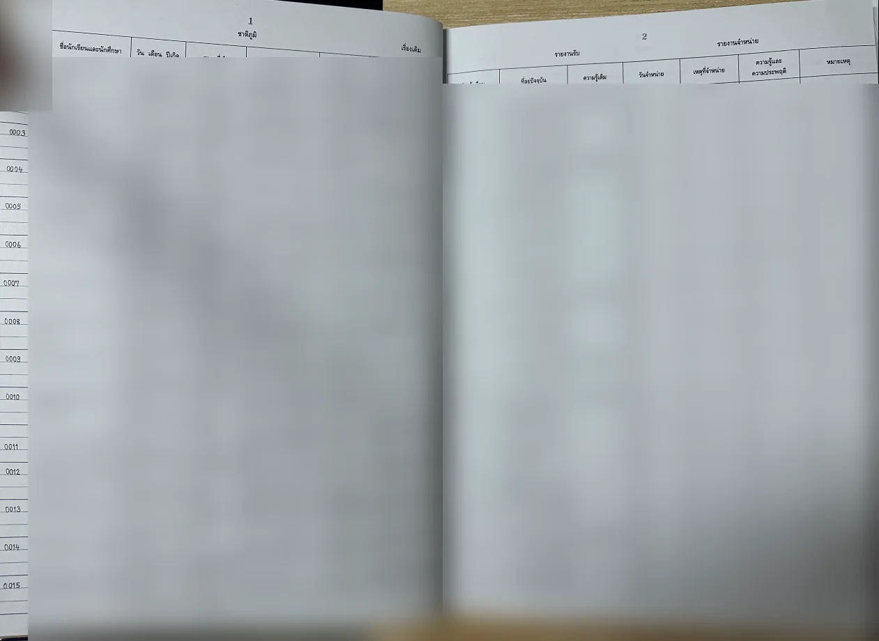 An open paper student registration book with numbered rows and printed column headings in Thai; all handwritten entries are blurred for privacy.