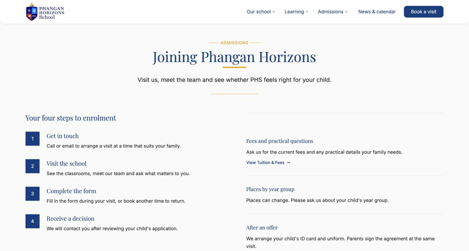 Website admissions section: Joining Phangan Horizons, with four numbered steps — get in touch, visit the school, complete the form, receive a decision.