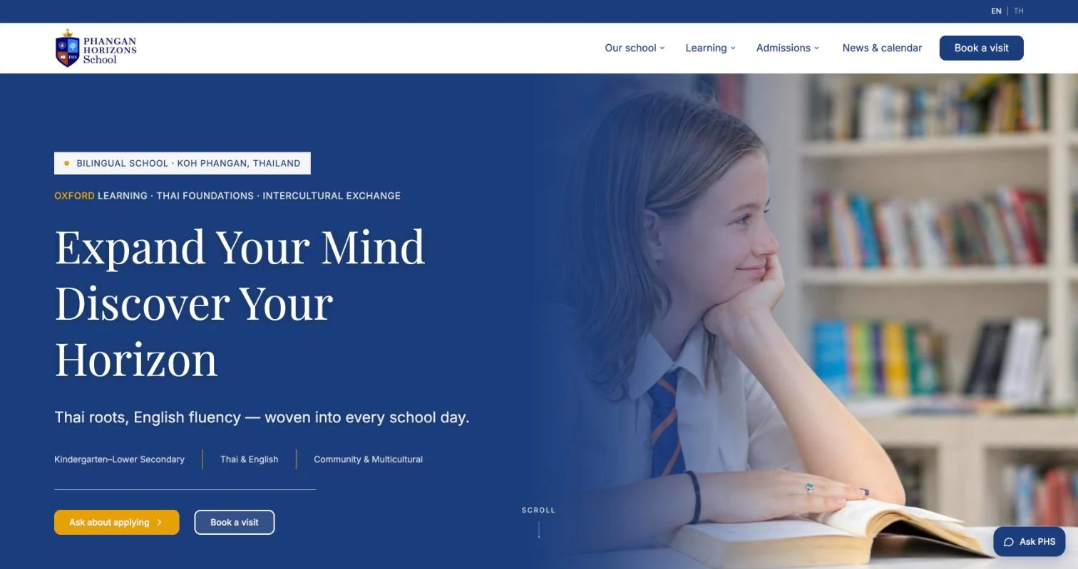 The Phangan Horizons School website home page: “Expand your mind, discover your horizon”, with buttons to ask about applying and book a visit, and an EN/TH language switch.
