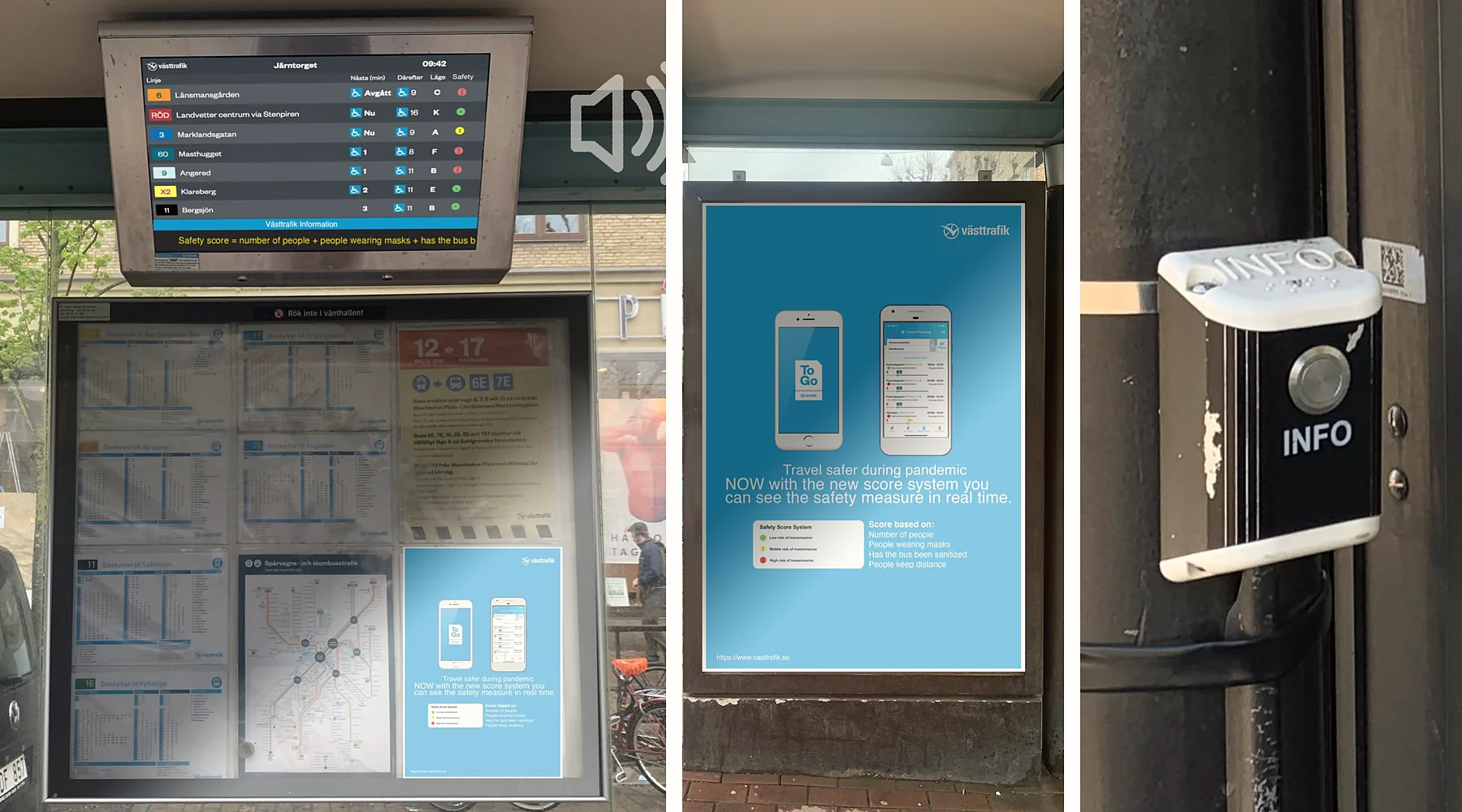 Three photos: a Västtrafik departure screen with coloured safety dots above a timetable board, a bus-stop poster explaining the score system, and a black INFO button mounted on a pole.