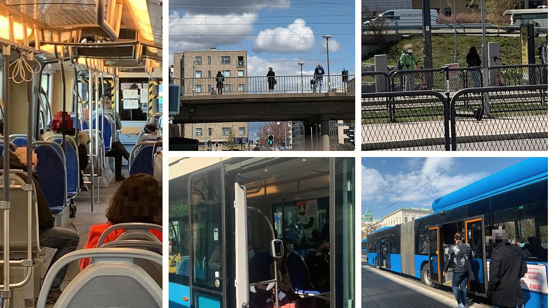 Five photos from field observations in Gothenburg: passengers inside a tram, a bridge-top stop, people waiting at Hjalmar Brantingsplatsen, an open bus door and passengers boarding a blue articulated bus.