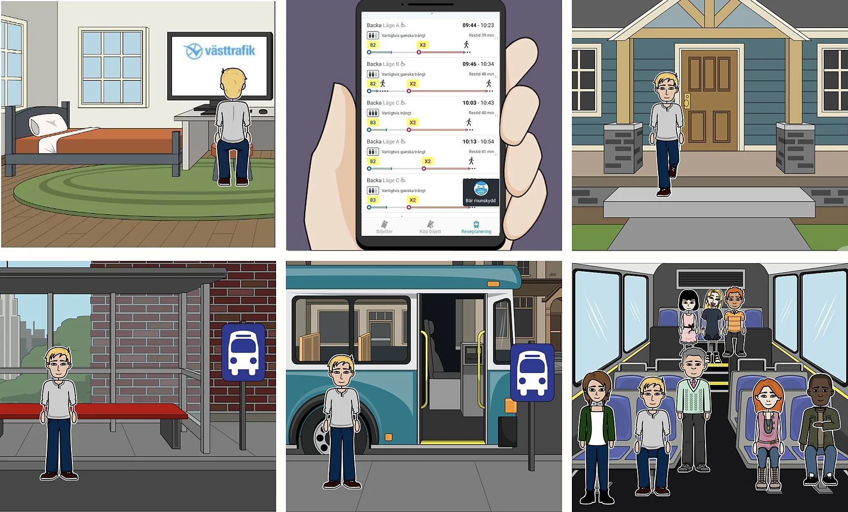 A six-frame illustrated storyboard: Erik at his computer, checking the Västtrafik app on his phone, leaving home, waiting at a bus stop, boarding a bus, and standing in a crowded bus.