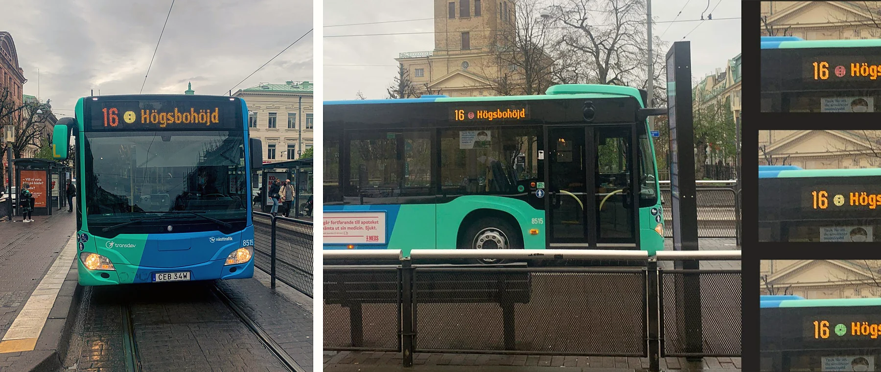 A bus front with a yellow dot beside the route number on its destination sign, and a bus side at a stop with the same dot on its signs.