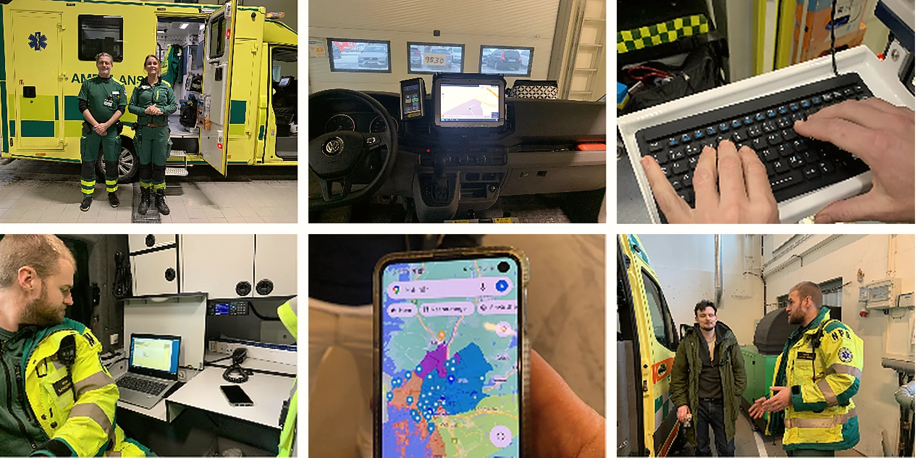 Six fieldwork photos: two ambulance crew members by their vehicle, the ambulance cab with navigation screens, hands typing on a rugged keyboard, a paramedic at a laptop in the station, a phone showing a dispatch map, and a researcher talking with a paramedic in the garage.