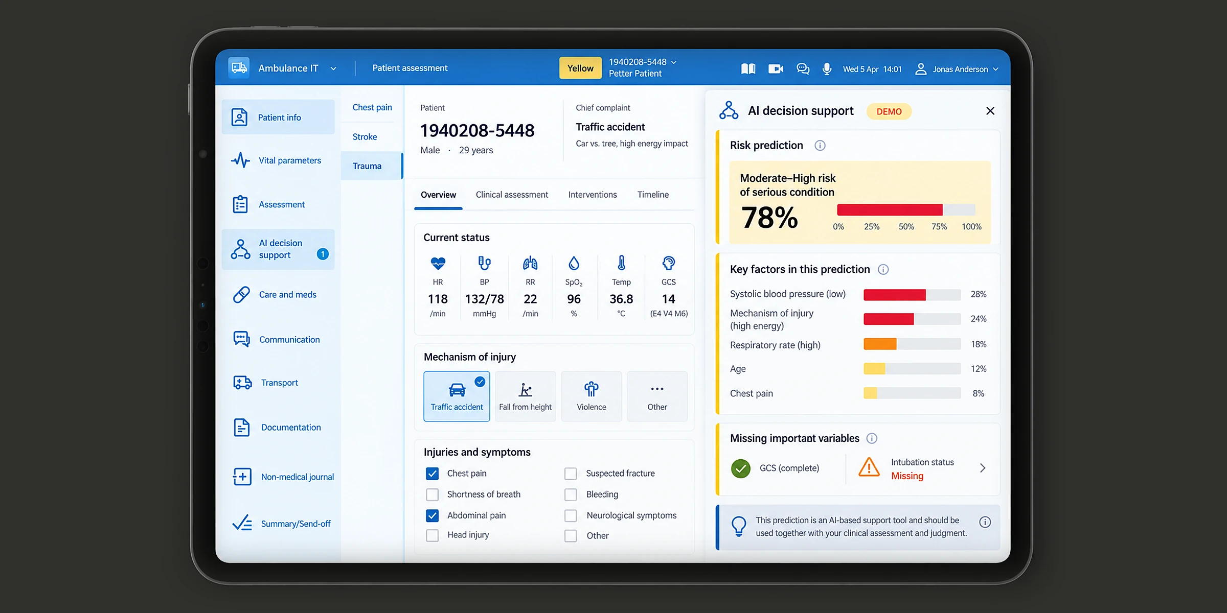 An ambulance IT tablet showing a trauma patient's vital signs, with an AI decision support panel giving a 78% moderate-to-high risk prediction, the key factors behind it and a missing variable.