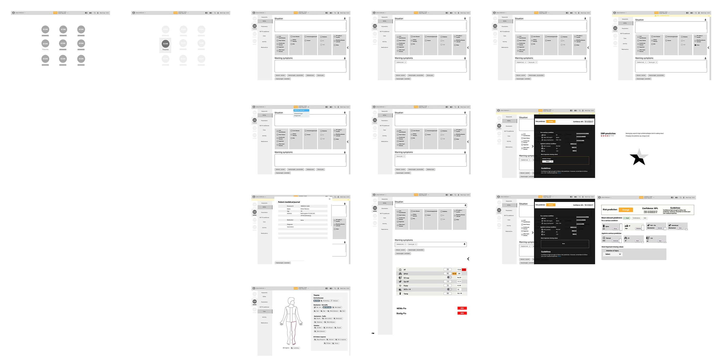 A board of greyscale tablet wireframes showing patient input screens, a body map for trauma, vital-parameter tables and several dark AI-prediction overlay variants.